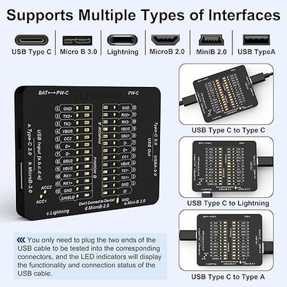 USB Cable Tester USB Cable Checker Data Wire Fast Detection for Type-C, USB-A 3.0, Micro-B 3.0, Micro-B 2.0, Mini-B 2.0, and for Lightning Cables by Checking The LEDs