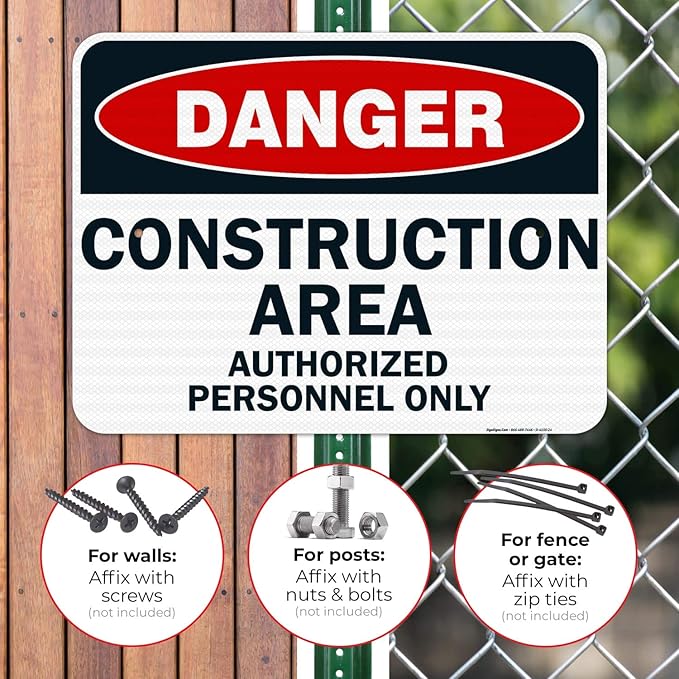 Danger Construction Area Sign, Authorized Personnel Only Sign, 18x24 Inches, 3M EGP Reflective .080 Aluminum, Fade Resistant, Easy Mounting, Indoor/Outdoor Use, Made in USA