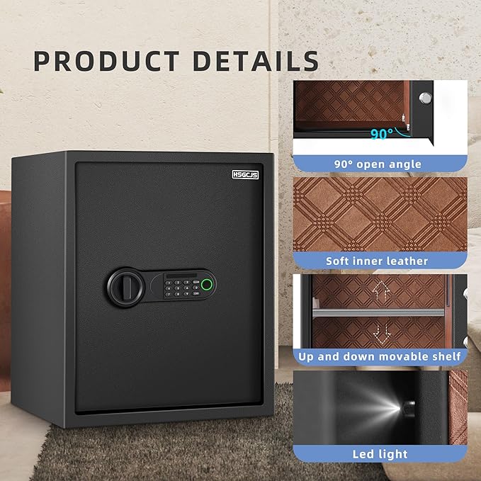 HSGCJS Large Fingerprint Safe – 1.93 Cubic Feet,Biometric Fingerprint Home Safe Box with Digital Keypad,Security box with Induction Light and Leather, Money Box for Jewelry Cash Document Valuables