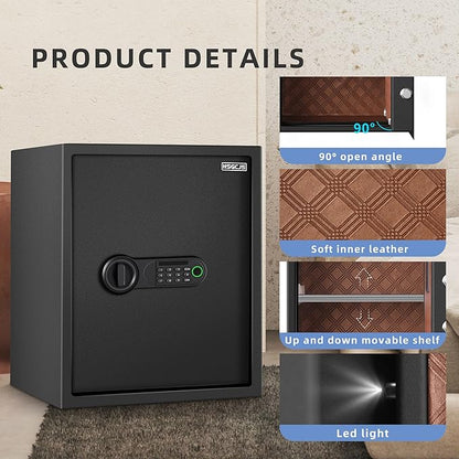 HSGCJS Large Fingerprint Safe – 1.93 Cubic Feet,Biometric Fingerprint Home Safe Box with Digital Keypad,Security box with Induction Light and Leather, Money Box for Jewelry Cash Document Valuables