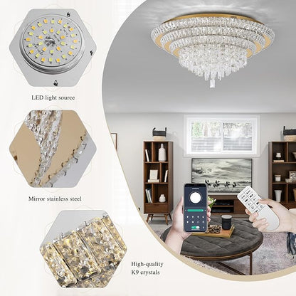 30 inch Flush Mount Crystal Chandeliers with Remote and APP Gold, Modern Elegant LED Crystal Raindrop Ceiling Light Fixture, 3CCT Dimmable, for Living Room Kitchen Island Bedroom Entryway Foyer