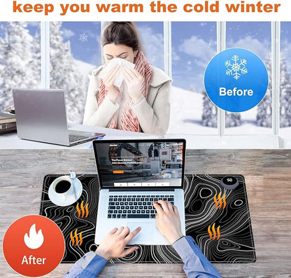 Heated Mouse Pad for Desk 31.5" x 13" – PU Leather Warm Desk Pad with 3 Heat Levels (104°F/113°F/122°F), Plug-in Electric Heating Mat with Auto Shut-Off, Waterproof & Rollable, Topographic Lines