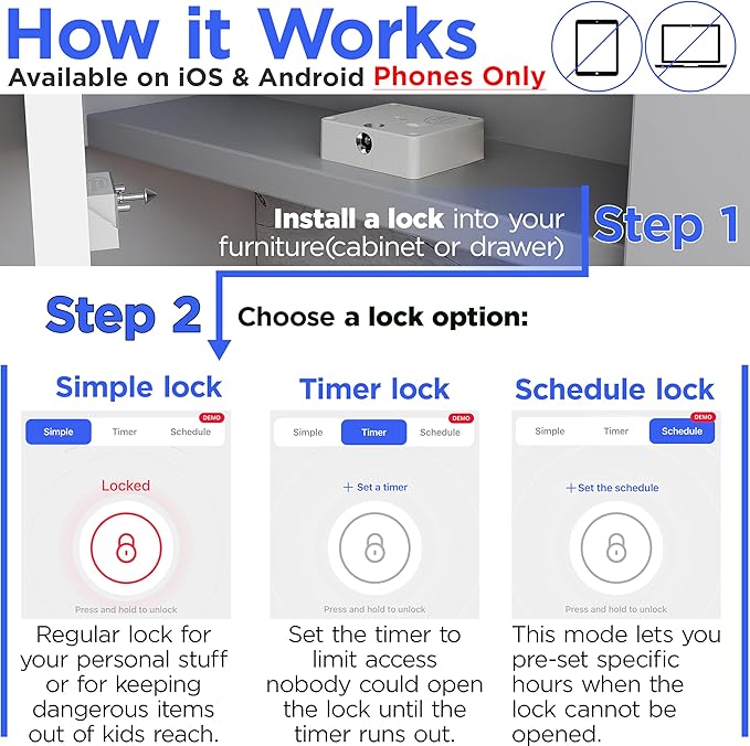 Smart Lock for Cabinets & Drawers - Bluetooth Timer Lock Box for Alcohol, Snacks, Video Games, Medication - App-Controlled Safe with Multiple Modes - Supports Focus and Healthy Routines