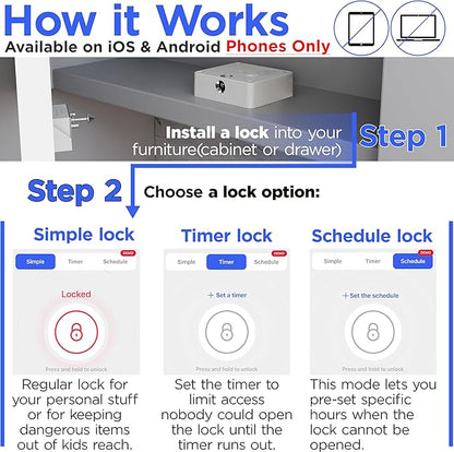 Smart Lock for Cabinets & Drawers - Bluetooth Timer Lock Box for Alcohol, Snacks, Video Games, Medication - App-Controlled Safe with Multiple Modes - Supports Focus and Healthy Routines