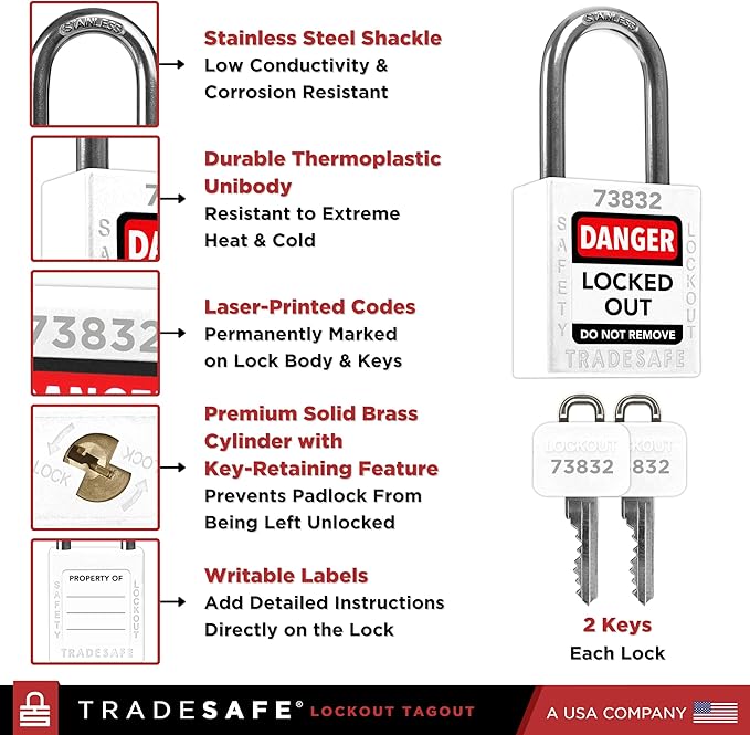 TRADESAFE Lockout Tagout Locks Set - 10 White Loto Locks, Keyed Alike Lockout Locks, 2 Keys Per Lock, OSHA Compliant Lock Out Tag Out Padlocks