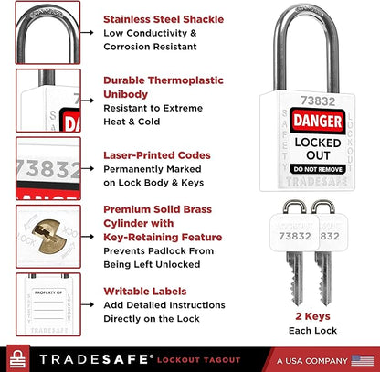 TRADESAFE Lockout Tagout Locks Set - 10 White Loto Locks, Keyed Alike Lockout Locks, 2 Keys Per Lock, OSHA Compliant Lock Out Tag Out Padlocks