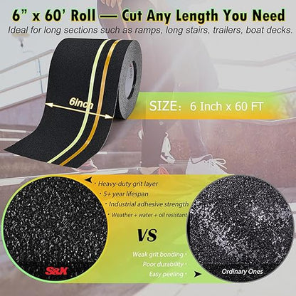 S&X Heavy Duty Anti Slip Tape 6 Inch x 60 Ft, High Traction Non Skid Grip Tape with Reflective & Glow-in-The-Dark Strips, Outdoor Stair Treads Non-Slip for Steps Ramps Boats Decks Long-Lasting