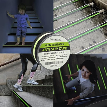 Anti Slip Glow in The Dark Traction Tape 2Inch x 16ft – Heavy Duty Adhesive Grip Non Skid Tape for Stairs Waterproof Safety - Outdoor/Indoor - Neon Strips Walk Black - 3 Pack