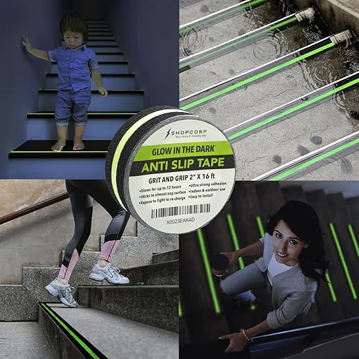 Anti Slip Glow in The Dark Traction Tape 2Inch x 16ft – Heavy Duty Adhesive Grip Non Skid Tape for Stairs Waterproof Safety - Outdoor/Indoor - Neon Strips Walk Black - 1 Pack