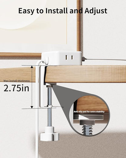 Desk Clamp Power Strip, Desktop Mount Charging Station with 4 Outlets 4 USB Ports (2 USB C), 10Ft Under Desk Power Strip, Fits 2.75" Tabletop Edge, Extension Cord for Home Office, White