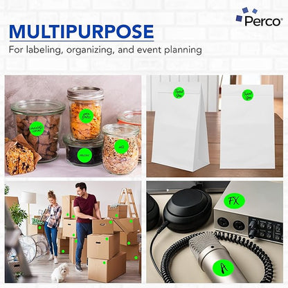 Perco Fluorescent Green 2-Inch Perforated Circle Dot Sticker Labels — 250 Round Stickers Per Roll — with Permanent Adhesive for Organizing, Color Coding, Bin Labeling, Packaging Alerts — Made in USA