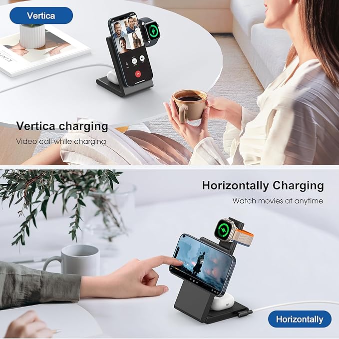 3 in 1 Wireless Charging Station for Multiple Devices, Fast Foldable Travel Mag-Safe Stand for iPhone 17/16/15/14/13 Series, Magnetic Charger for Apple Watch 11/10/Ultra 3/2/AirPods 4 with 20W Adapter
