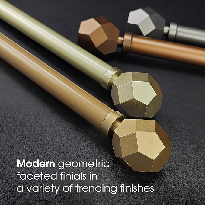 1-1/8 Inch Diameter Aged Bronze Curtain Rod with Geometric Faceted Finials, 72-144'' Telescoping Single Curtain Rods for window width 68-140 inch, 1 pack