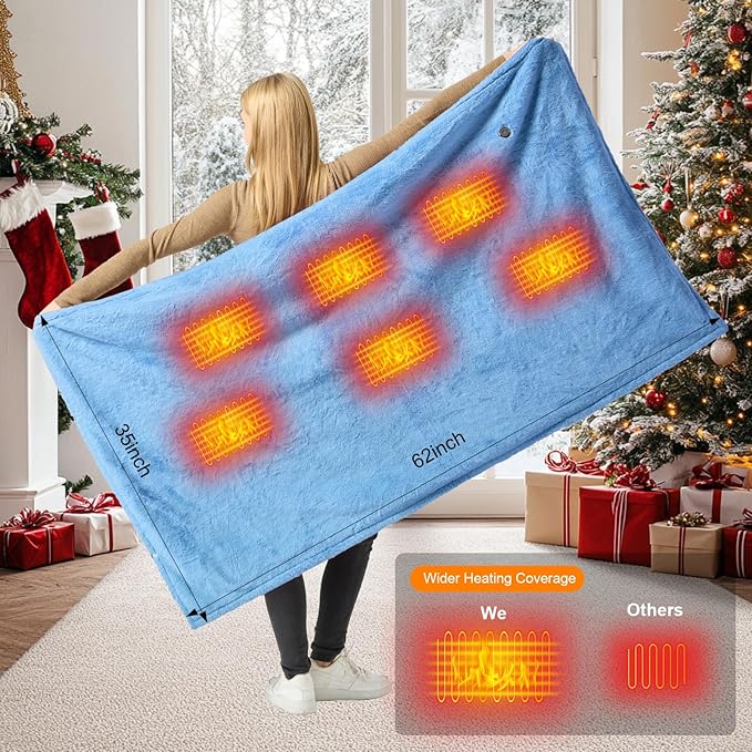 Cordless Heated Blanket Battery Operated with Fleece Lining 7.4V 16000mAh Battery Portable Wearable Heated Shawl for Women Men 6 Heating Zones 3 Fast-Heating Levels (Battery Included)