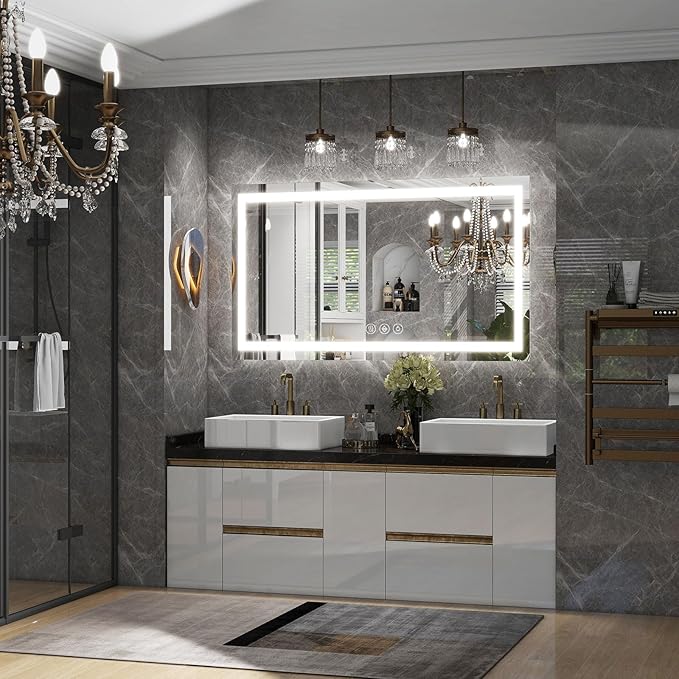 LED Bathroom Mirror, 32x48 Inch White Framed Gradient Front and Backlit Vanity Mirror, Anti-Fog, Dimmable, Wall Mounted Horizontal/Vertical Lighted Mirror, LED Vanity