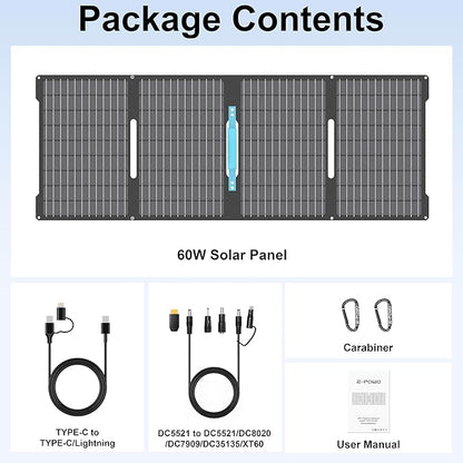 60W Portable Solar Panels Chargers with USB-C, USB-A and DC Outputs Foldable IP67 Waterproof Solar Panel for Camping,Power Emergency for Small Power Station,Phones, Power Banks