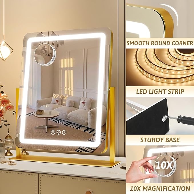 ROLOVE Vanity Mirror with Lights, 18"x22" LED Makeup Mirror with 10X Magnification, Smart Touch 3 Colors Dimmable, Light Up Mirror for Makeup Desk, 360° Rotation, Gold