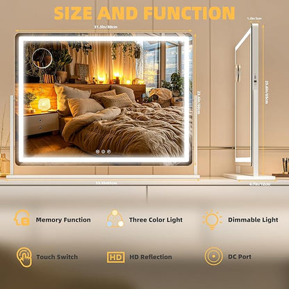 Vanity Mirror with Lights, 34'' x 25.6'' Lighted Makeup Mirror, Touch Screen with 3-Color Lighting, Dimmable for Vanity Desk Tabletop Round White