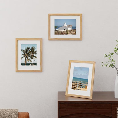 8.5x11 Picture Frame Set of 3, Solid Oak Wood & Tempered Glass, 8.5 x 11 Frame for Wall, Rustic Wood 8.5 by 11 Frames, 8.5x11 Frame with Mat for 6x8, Natural Oak Color