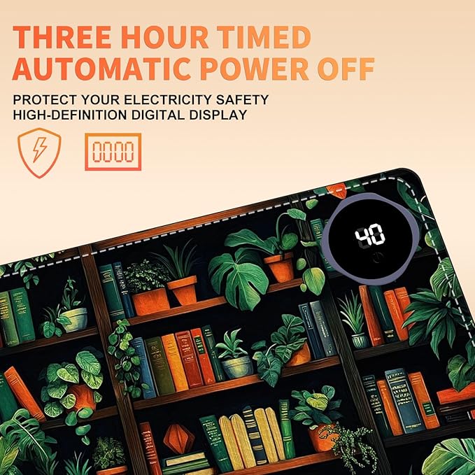 Heated Mouse Pad 23.6 x 14 in 3-Temp Fast Heating Desk Mat with Auto Timer Warmer for Hands Wrist Pain Relief Waterproof Keyboard Mat for Office, Gaming, Home, Bookshelf Jungle