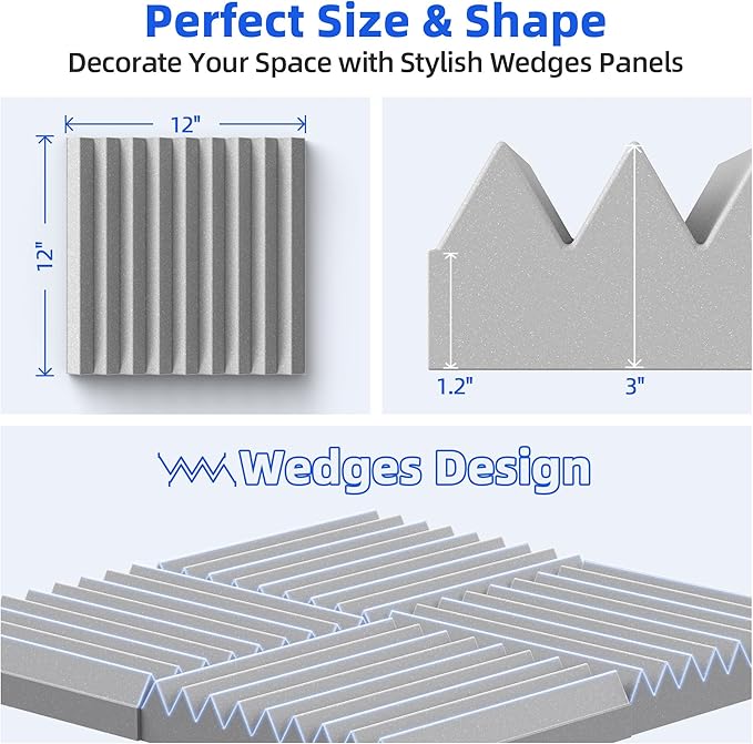 24 Pack Sound Proof Foam Panels for Wall with Self Adhesive, 3" X 12" X 12" High Density Acoustic Panels Sound Absorbing Quick-Recovery, Wedges Soundproof Wall Panels for Gaming & Studio Decor - Gray