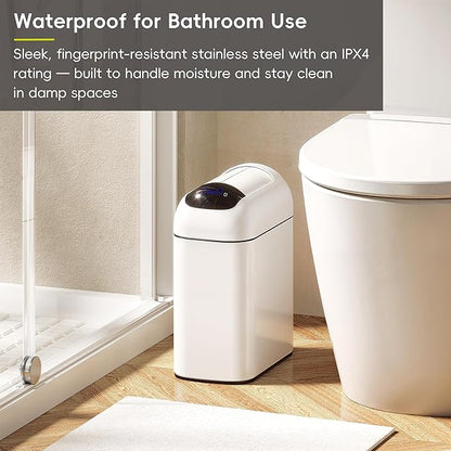 EKO Astro Slim Sensor Trash Can, 10L / 2.6 Gallon Touchless Garbage Bin with Soft-Close Butterfly Lid, Motion Sensor Stainless Steel Garbage Can for Bathroom, Kitchen, Office, Matte White, Waterproof