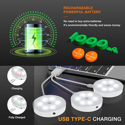 Puck Lights with Remote Control,1000mAh Rechargeable Under Cabinet Lighting,LED Closet Lights,3Pack Night Light,Cordless Stick On Lights for Under Cabinet,Hallway, Stairway,Closet (Cool White-6pcs)