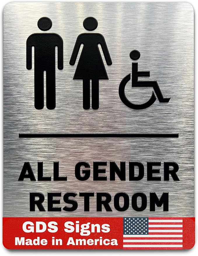 All Gender Restroom Sign by GDS - ADA Compliant, Wheelchair Accessible, Raised Icons, & Grade 2 Braille - Includes Adhesive Strips for Easy Installation - Bathroom Sign, Bathroom Signs for Business, Restroom Signs for Business - 6" W x 8" H (Brushed Al...