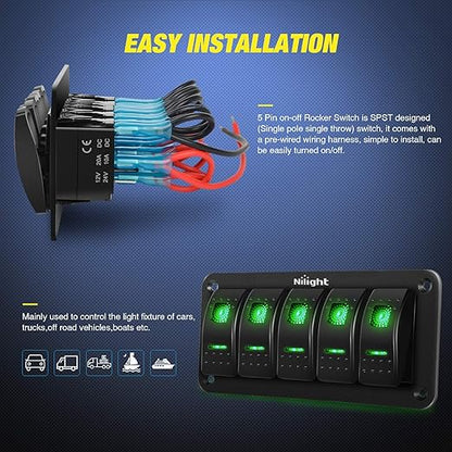 Nilight 5 Gang Rocker Switch Panel 5Pin On Off Toggle Aluminum Holder 12V 24V Dash Pre-Wired Green Backlit Switches for Automotive Cars Marine Boats RVs Truck