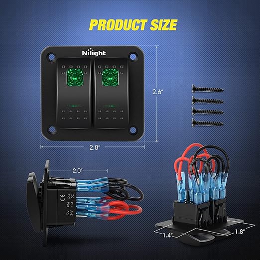 Nilight 2 Gang Rocker Switch Panel 12V 24V DC Green Switches Aluminum Panel 5Pin ON Off PreWired Toggle Switch Panel Waterproof for Cars Boats ATVs UTVs,2 Years Warranty