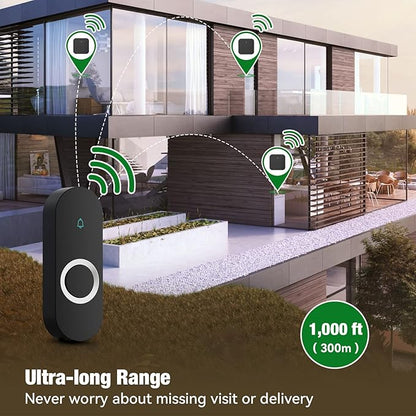 AIDA Lighted Wireless Doorbell for Home, Waterproof Battery Doorbell 1,000ft Range, 5 Volume Levels with 58 Doorbell Chimes & LED Flash(Black, Doorbell with 1 transmitter & 1 Receiver)