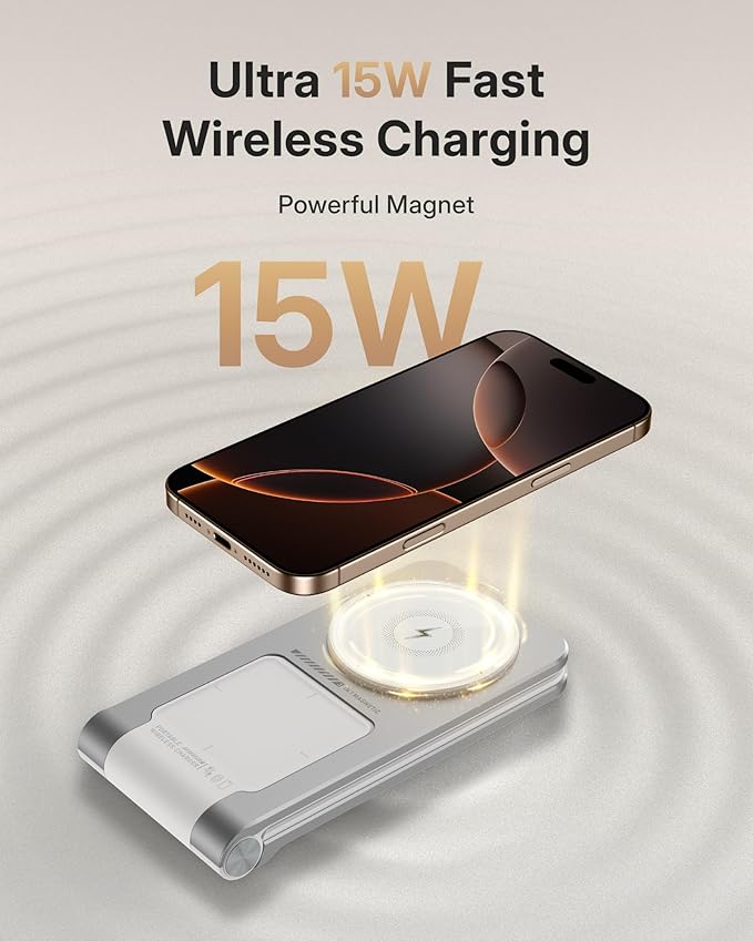 Wireless Mag-Safe Charger Stand for iPhone 17 Pro Max, 3 in 1 Charging Station for Multiple Devices, Metal Foldable Travel Charger for Apple Watch & AirPods, Built-in Retractable USB-C Cable, White