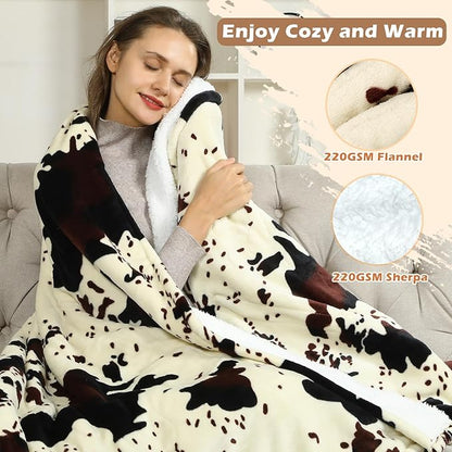 Heated Throw Blanket, 50"x60" Cow Print Electric Throw Heating Blanket, Cozy Soft Flannel Sherpa Heating Blankets with 9 Heat Levels & 2/4/8/12H Auto-Off