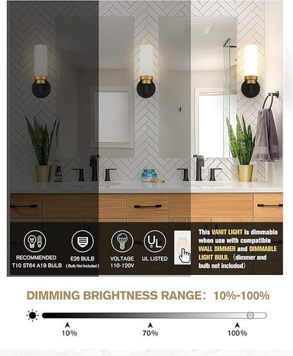Emak Modern Wall Sconce, Black Gold Bathroom Light Fixtures with Milk Glass Shade, 2 Pack Wall Lamp for Bathroom, Bedroom, Living Room, Hallway, WS085-BKBGD-ML-2PK