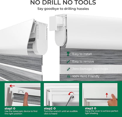 Allesin No Drill Motorized Zebra Blinds – Rechargeable Smart Dual Layer Shades with Cassette Cover, Ultra-Quiet Motor, Automatic Blind with Remote for Indoor Windows (Rock Gray 22" W x 72" H)