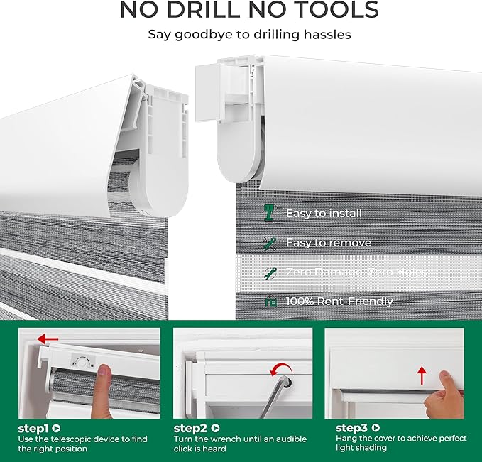 Allesin No Drill Motorized Zebra Blinds – Rechargeable Smart Dual Layer Shades with Cassette Cover, Ultra-Quiet Motor, Automatic Blind with Remote for Indoor Windows (Rock Gray 36" W x 72" H)