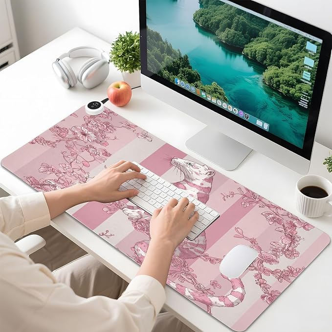 Heated Desk Pad Mouse Pad 31.5x13 Inch PU Leather Desk Mat with 3 Heat Levels Large Mouse Gaming Computer Laptop Mat Pink Leopard Stripes Floral