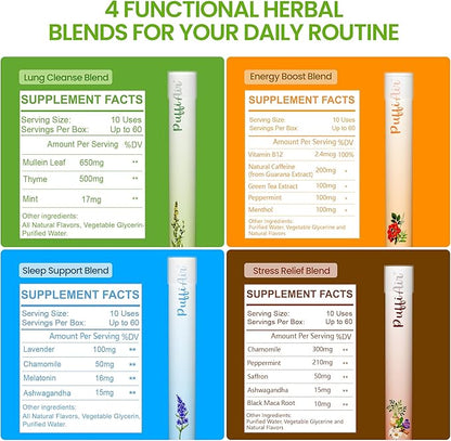 PUFFIAIR Balanced Routine Quad Herbal Diffuser Pen Set | Energy Relax Calm Blends | Green Brown Orange Blue | 4 Count