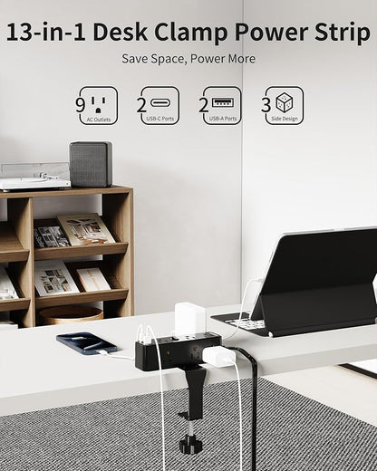 Desk Clamp Power Strip, Desktop Edge Mount Charging Station with 9 AC Outlets 4 USB (2 USB C), Fit 2.75" Tabletop, Under Desk Surge Protector 1700J, 10 Ft Extension Cord for Home Office, Black