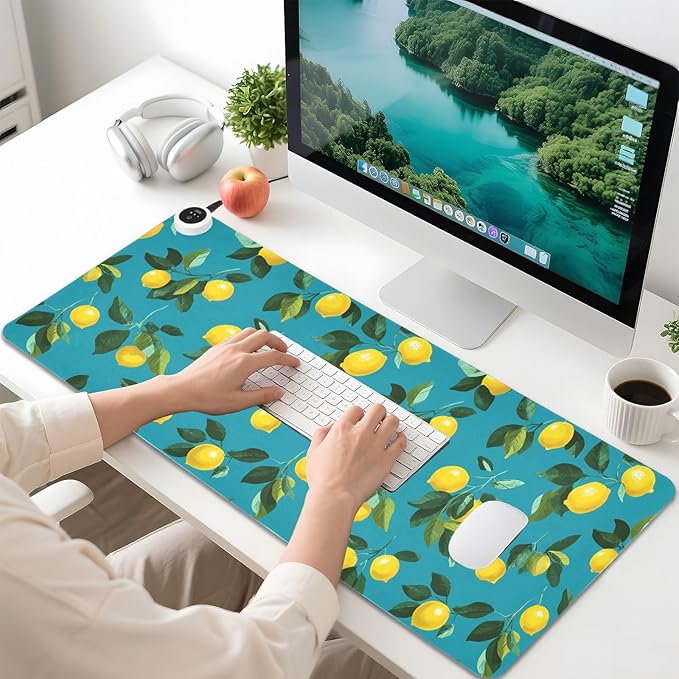 Heated Desk Pad Mouse Pad 31.5x13 Inch PU Leather Desk Mat with 3 Heat Levels Large Mouse Gaming Computer Laptop Mat Teal Lemons