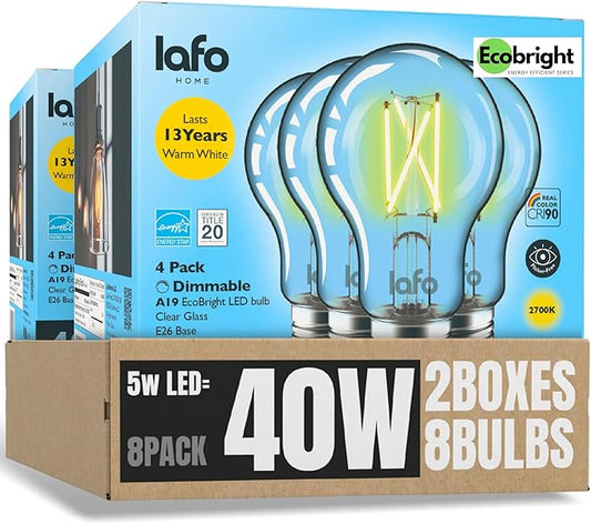 EcoBright 8PK Dimmable A19 LED Filament Bulb 40W Equivalent 5W E26 Base 450 Lumens CRI90 Flicker Free Clear Glass Energy Star Title 20 Warm White 2700K for Lamps Indoor Use