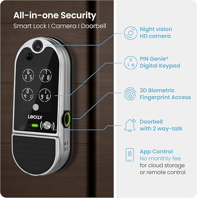 Lockly Vision Elite Video Smart Lock with Camera, Smart Wi-Fi Deadbolt for Front Door, PIN Genie® Keypad, Fingerprint Door Lock, Motion Sensor, App Remote Control, 2 Way Audio Doorbell, No Monthly Fee