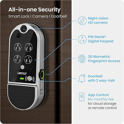 Lockly Vision Elite Video Smart Lock with Camera, Smart Wi-Fi Deadbolt for Front Door, PIN Genie® Keypad, Fingerprint Door Lock, Motion Sensor, App Remote Control, 2 Way Audio Doorbell, No Monthly Fee