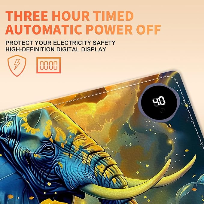 Heated Mouse Pad, Warm Desk Pad, Keyboard Mat 31.5 x 13 Inch Large Size Intelligent Fast Heating, 3 Speed Adjustable, Timed Auto Power Off for Game Office Home,Elephant in Sunflower Field