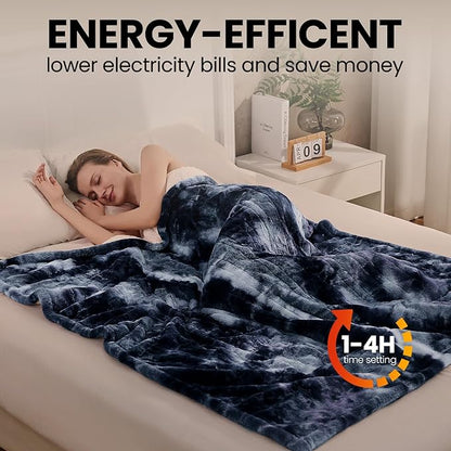 Electric Heated Throw Blanket 50"x60",Luxury Blue Faux Rabbit Fur Electric Blanket,Fast Heating Soft Fluffy Thick Electric Blanket with 6 Heating Levels & 12H Auto Off