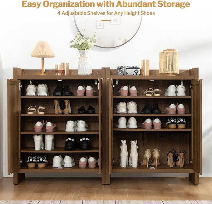 SICOTAS Shoe Cabinet Set of 2, Large Capacity Shoe Storage Organizer Cabinet, Tall Rattan Shoe Cabinet with Doors and Shelves, 6-Tier Farmhouse Boho Wooden Storage Cabinet for Entryway Hallway