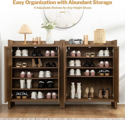 SICOTAS Shoe Cabinet Set of 2, Large Capacity Shoe Storage Organizer Cabinet, Tall Rattan Shoe Cabinet with Doors and Shelves, 6-Tier Farmhouse Boho Wooden Storage Cabinet for Entryway Hallway