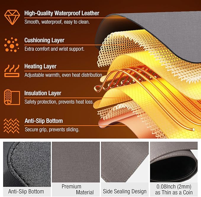 Onlytop Heated Desk Pad & Mouse Pad – Adjustable Temp & Auto Shut-Off, Large Waterproof Leather Warm Desk Mat with Non-Slip Base for Cold Office Winter Use (Gray, 31.5" x 13")