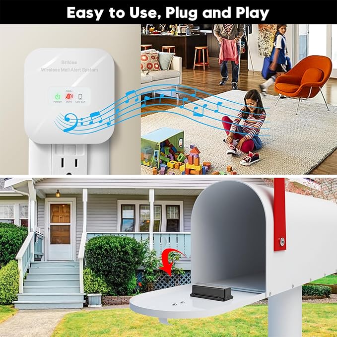 Briidea Mailbox Alarm, Wireless, Battery Powered, White, 500ft Range, LED Flash & Sound Alerts, Low Battery Reminder, Easy Installation, Secure Your Mail & Never Miss an Alert