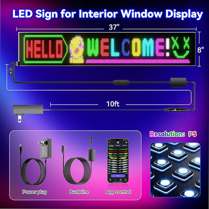 Large Programmable LED Sign, P5 Resolution Indoor Store LED Sign, Bluetooth APP, for Business Retail Shop Window Display (49"x 8")